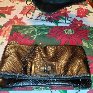 Metallic Bronze Snake-Texture Chain Clutch